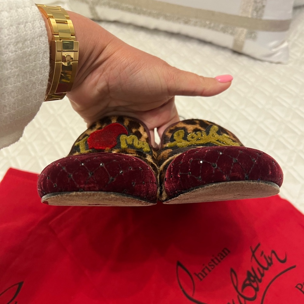 Christian Louboutin Leopard Print Embroidered Flats with Red & Green Accents - Picture 8 of 12